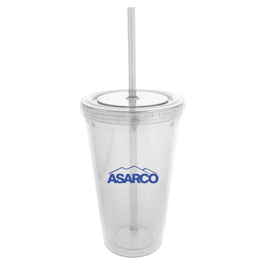 A drink bottle featuring a clear plastic design, with a screw-on lid and a straw, includes a logo.