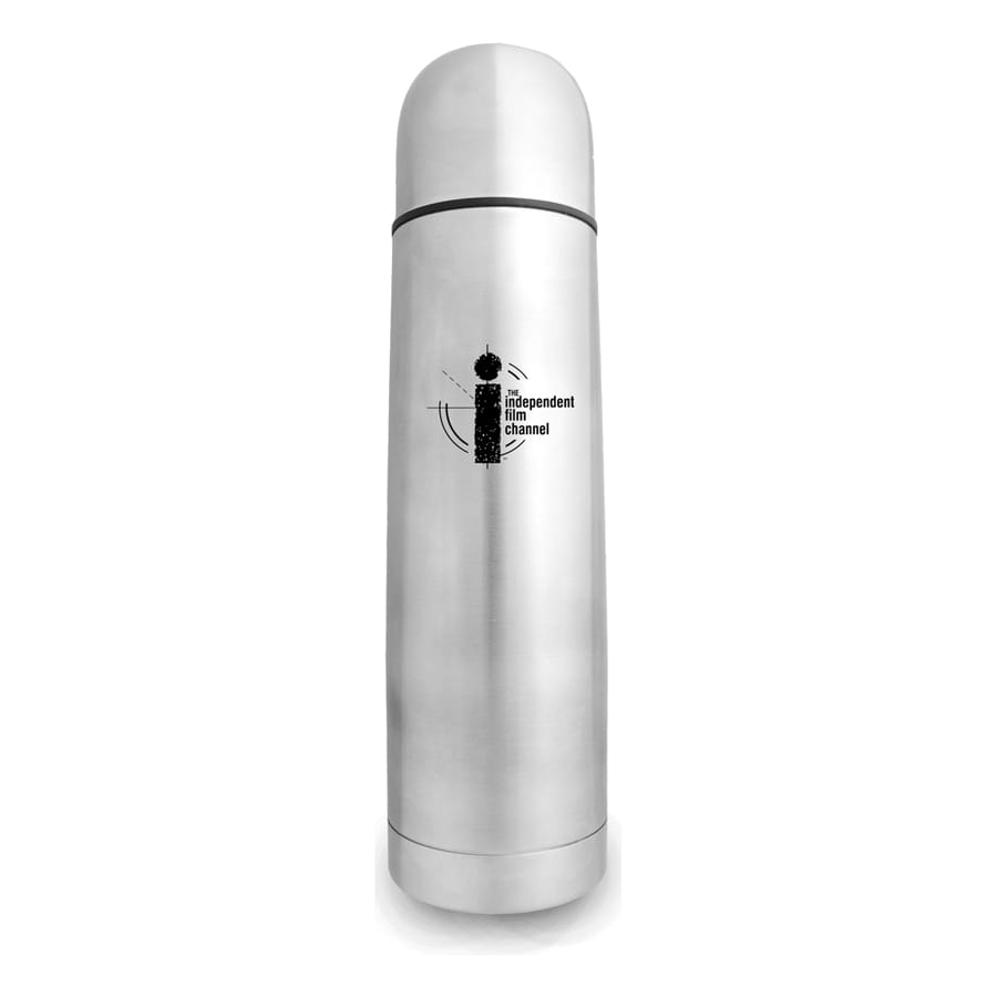 A drink bottle with a sleek stainless steel design, featuring a logo on the surface. It has a rounded cap.