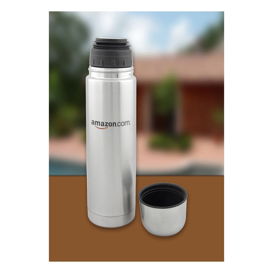 A drink bottle with a silver stainless steel body and black lid, featuring a logo. Includes a matching cup.