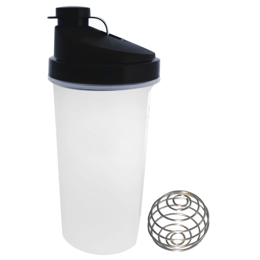 A drink bottle with a transparent body, black lid, and a stainless steel mixing ball. It has a logo on the side.