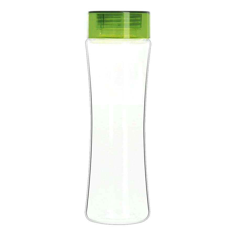 A drink bottle with a transparent body and a green lid. It has a simple, modern design and includes a logo.