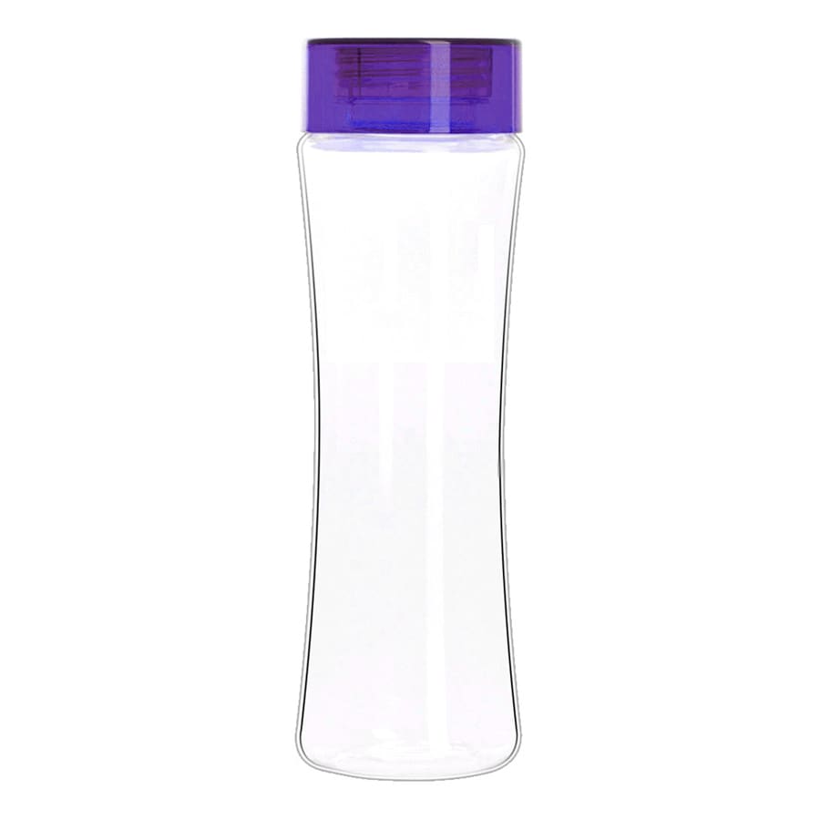 A drink bottle in clear Tritan with a purple lid and a simple, modern design. It features a logo.