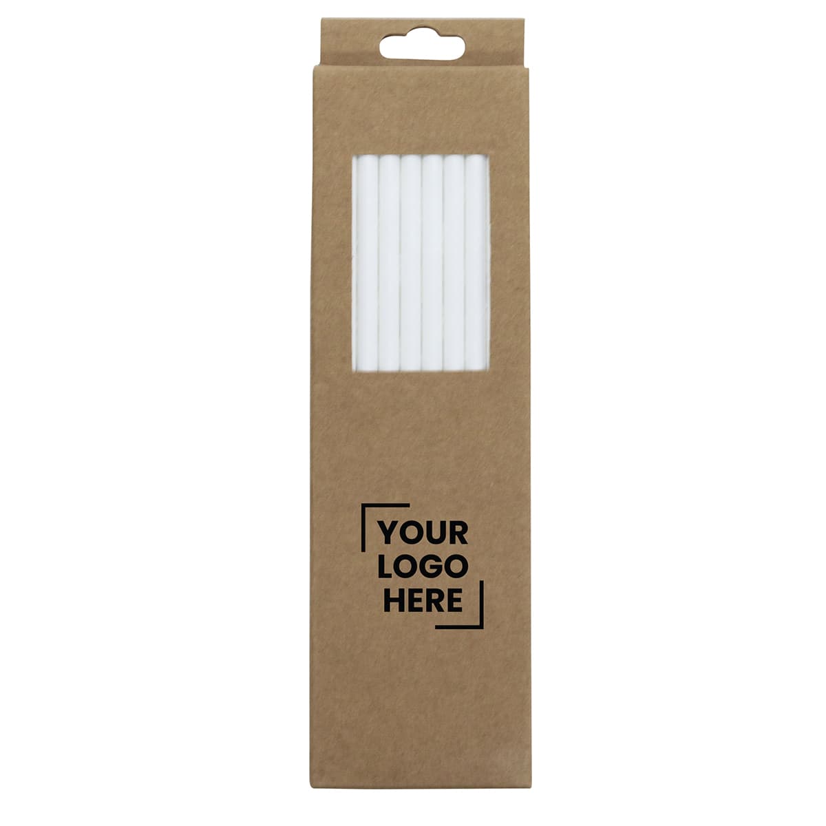 A pack of white reusable straws in a brown cardboard box with a logo.
