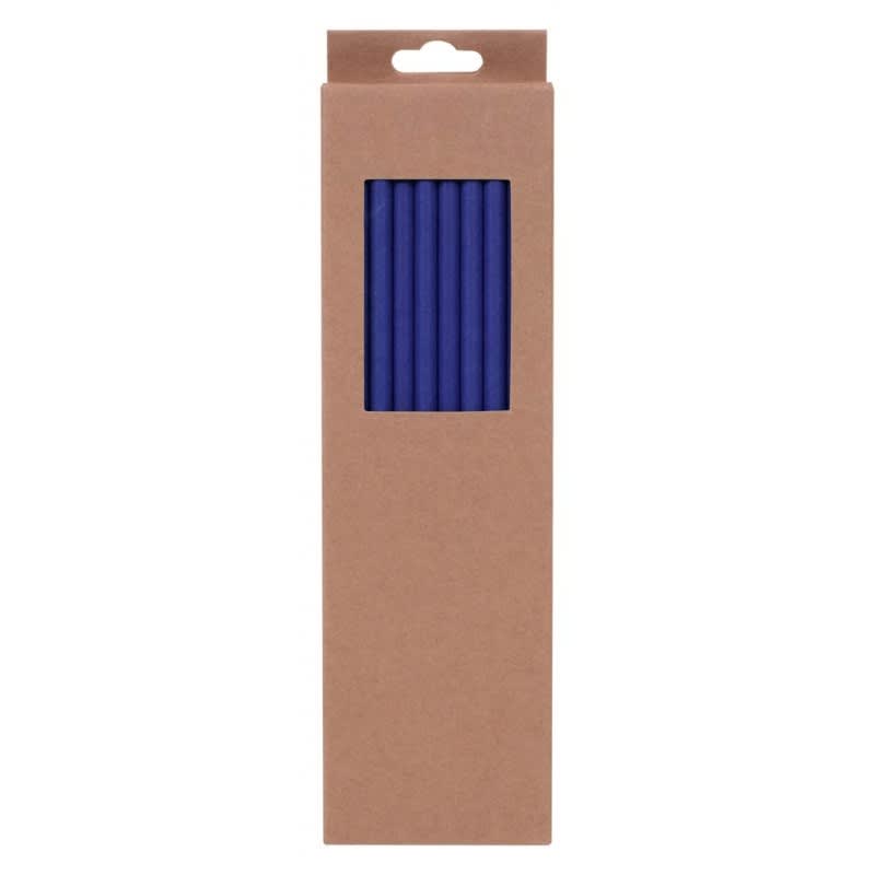 A box containing six blue Mili Straws, displayed against a brown cardboard background with a small handle.
