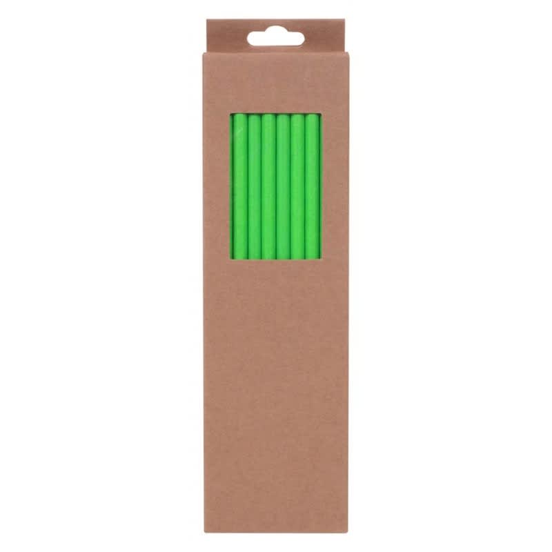 A pack of six bright green straws displayed in a cardboard box with a window. The box includes a logo.