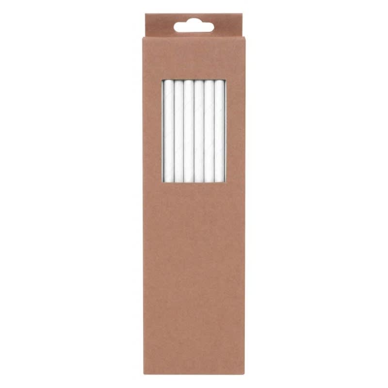 A packaging box containing six white straws, displayed in a brown cardboard box with a transparent window.