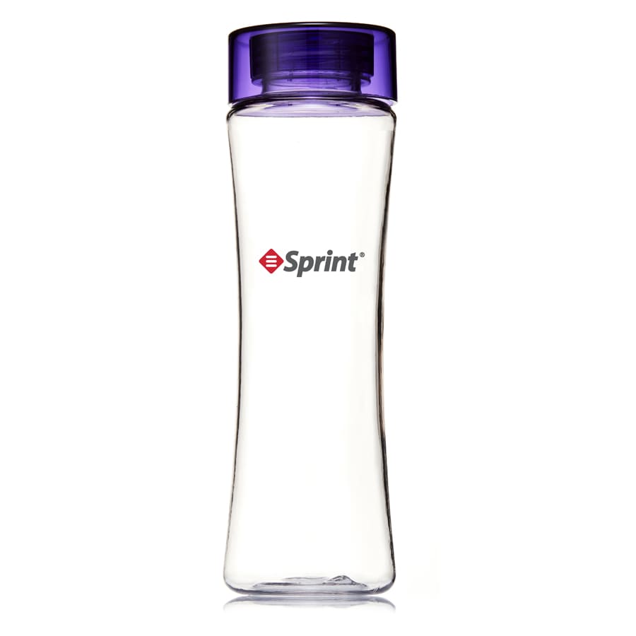 A drink bottle with a clear body and a purple lid, featuring a logo on the side.