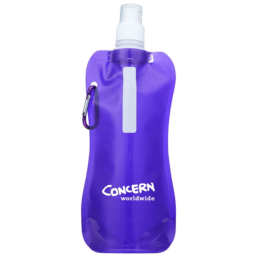 A drink bottle in a translucent purple design, featuring a spout and a logo.