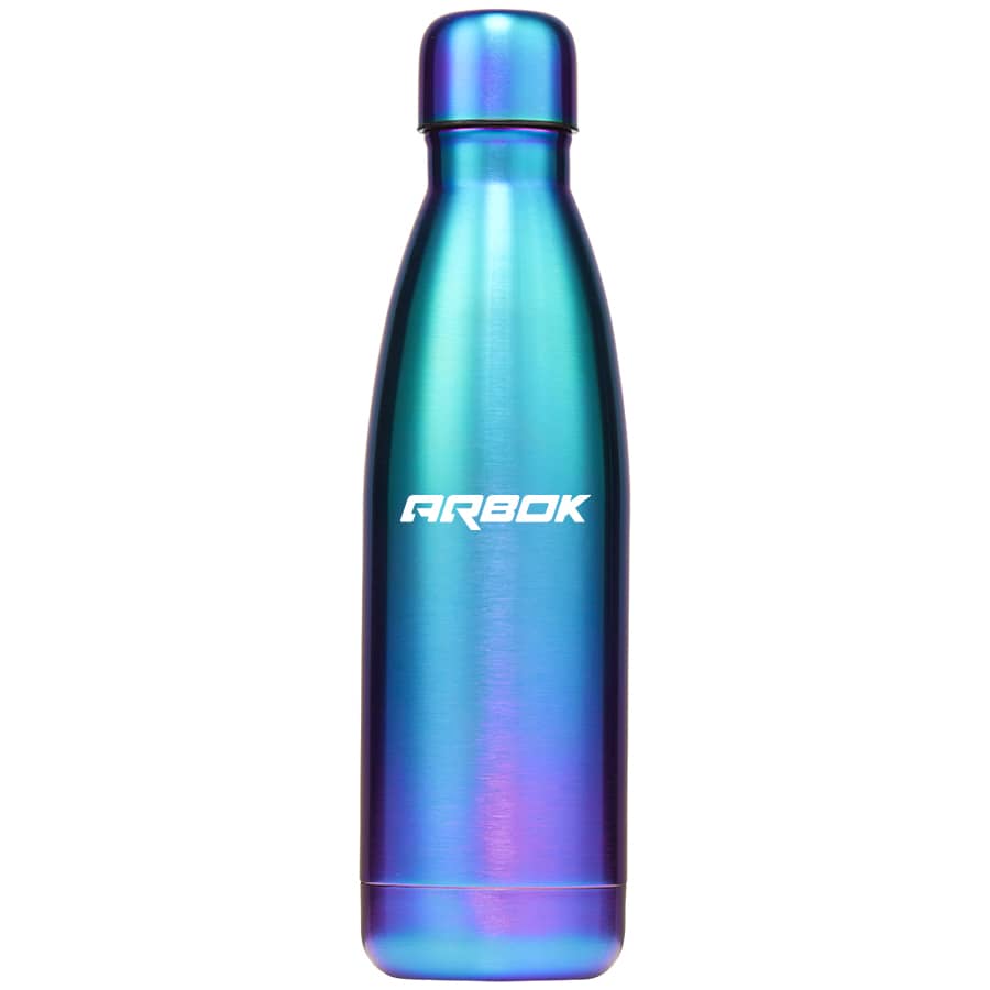 A drink bottle in a gradient of blue and purple metallic colours, featuring a logo on the side.