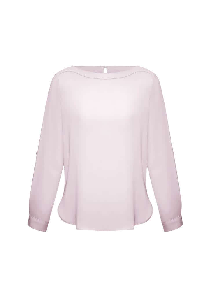 A light pink women's boatneck top with long sleeves and a round hem, featuring a small keyhole detail at the back.