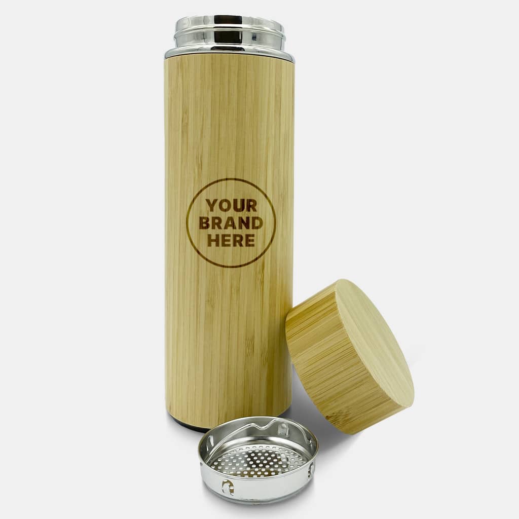 A drink bottle made of bamboo with a stainless steel lid and built-in strainer, featuring branding on the side.
