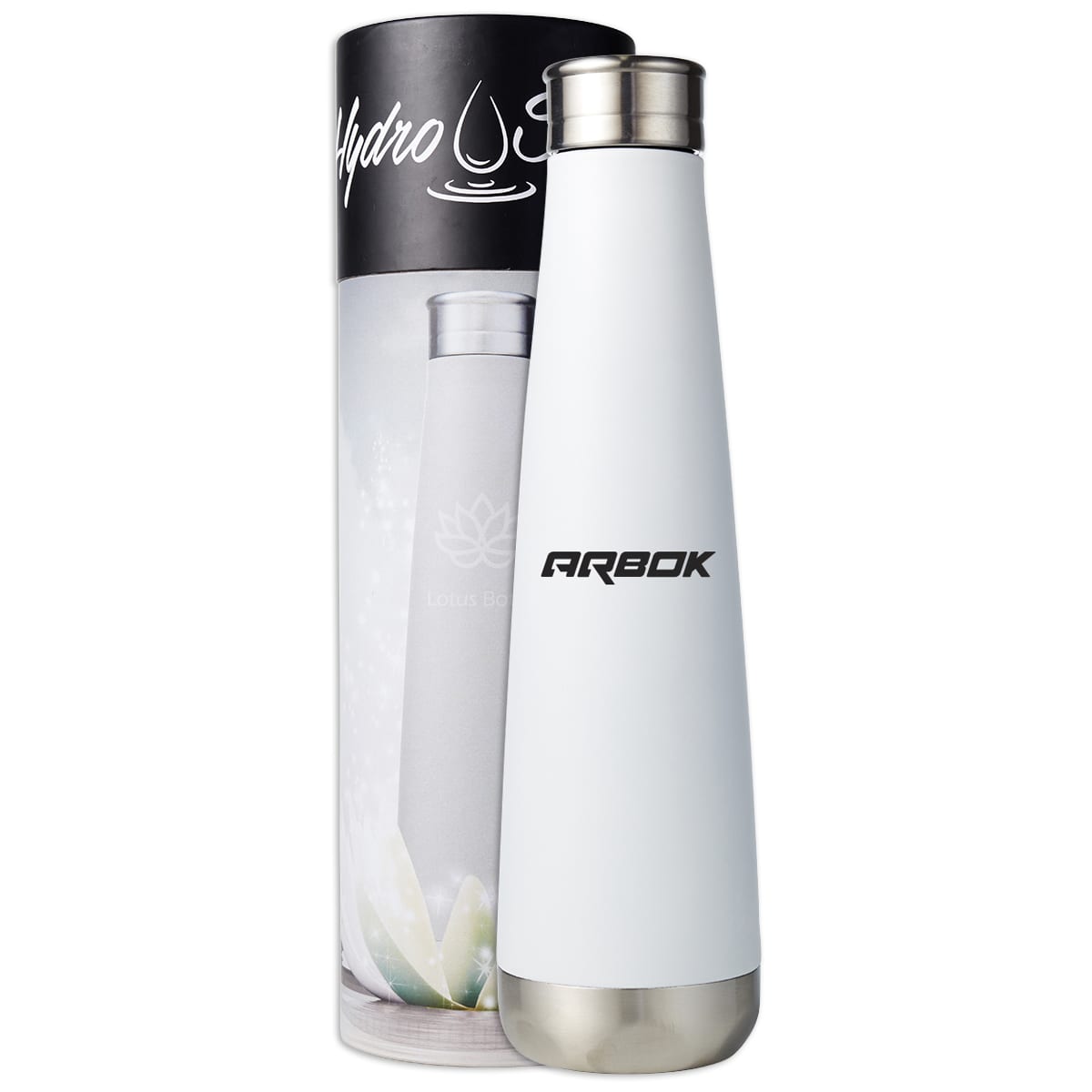 A drink bottle in white with a silver lid, packaged in a cylindrical container featuring branding.