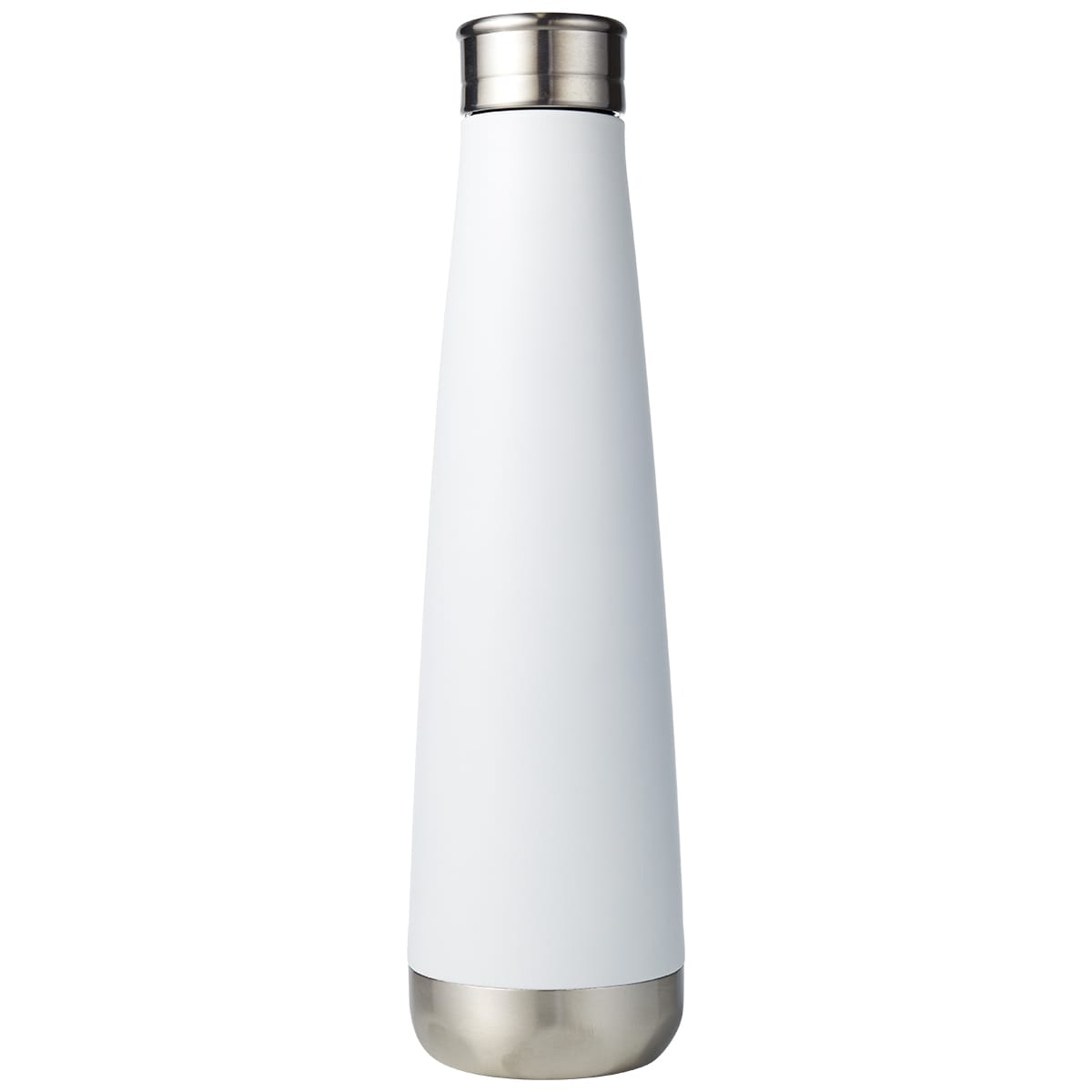 A drink bottle in white with a stainless steel base and lid, featuring a sleek, modern design.