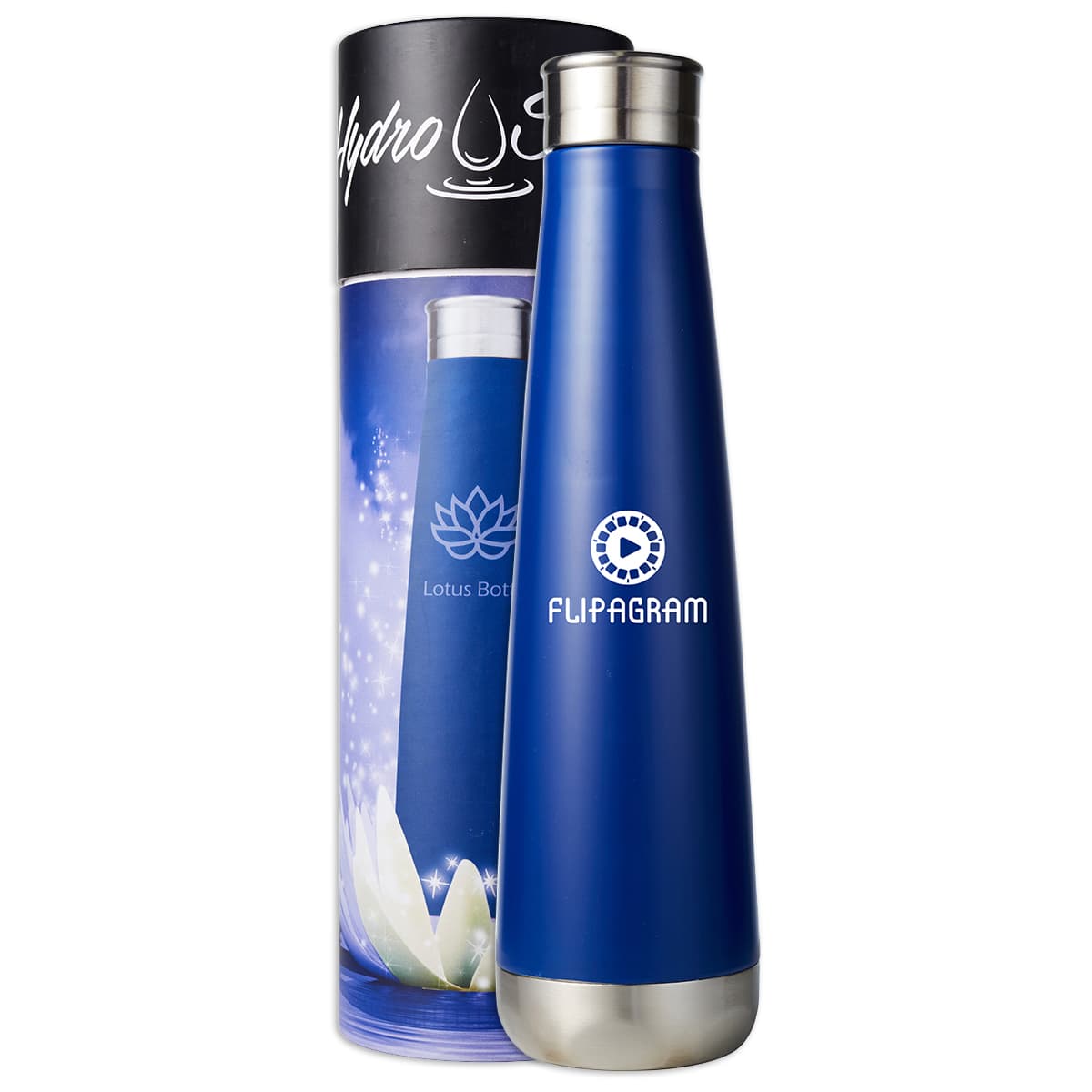 A drink bottle in a sleek blue finish, featuring a stainless steel top and packaging with lotus design and logo.