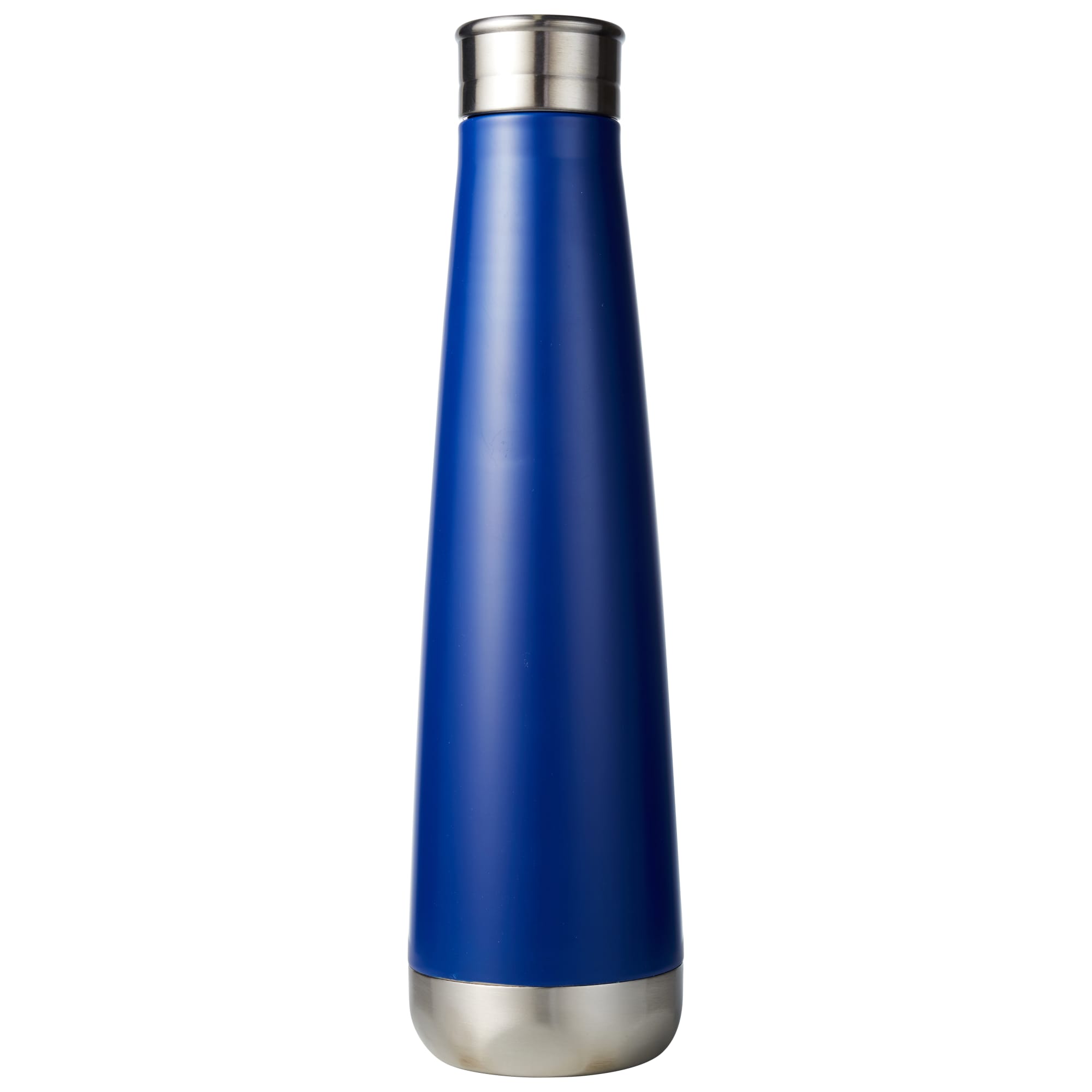 A drink bottle in a sleek blue design with a stainless steel base and cap, featuring a logo.