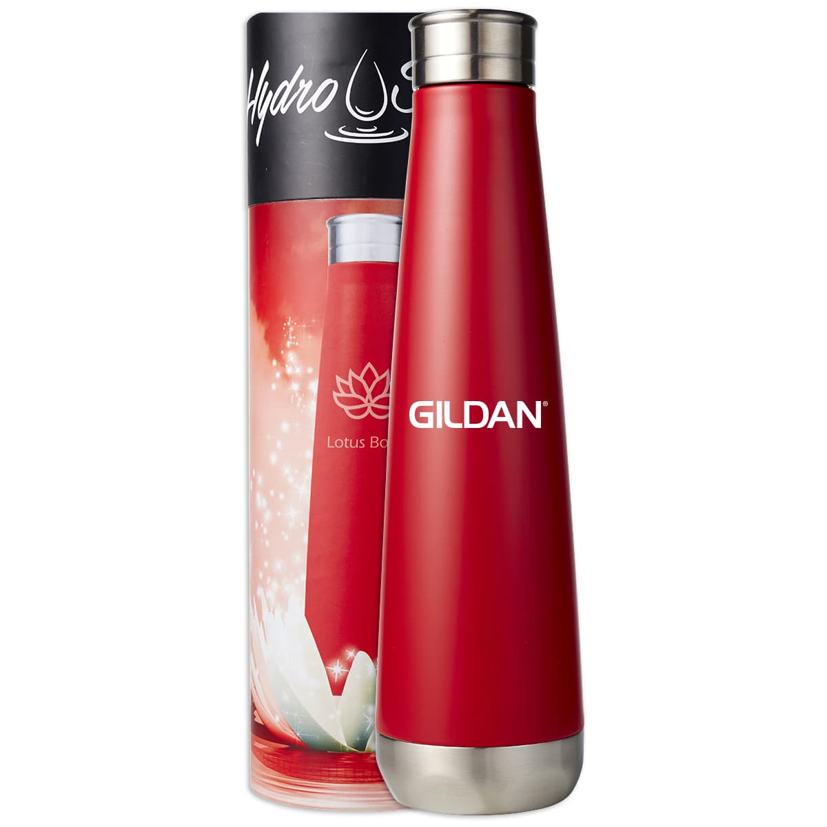 A drink bottle in red with a stainless steel base and a logo, presented in a cylindrical packaging.