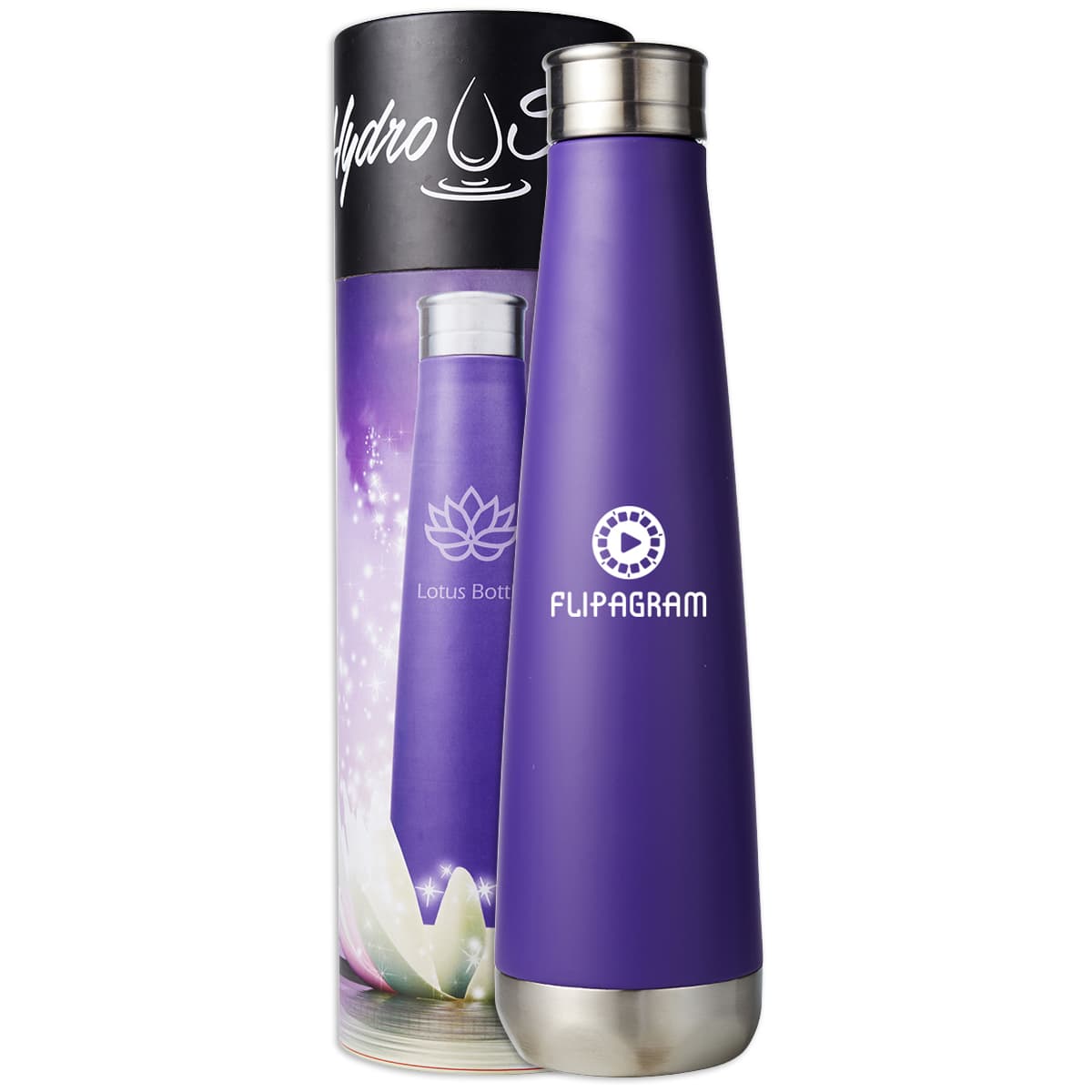 A drink bottle in a sleek purple design with a stainless steel top and a logo, displayed in a cylindrical package.
