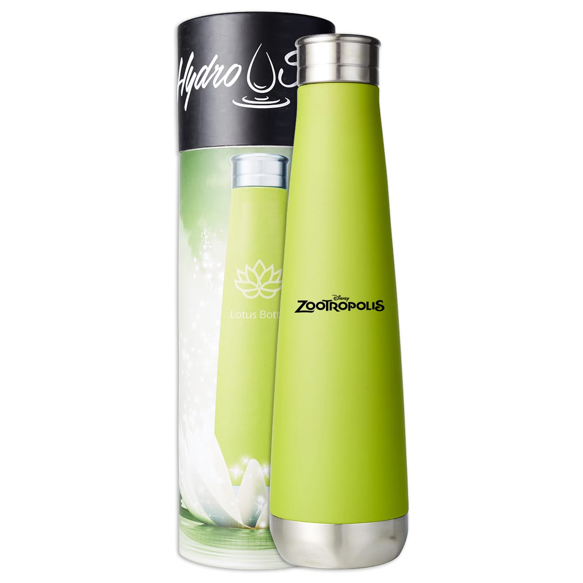 A drink bottle in a vibrant green colour, with a stainless steel cap and a branded logo, presented in a cylindrical package.