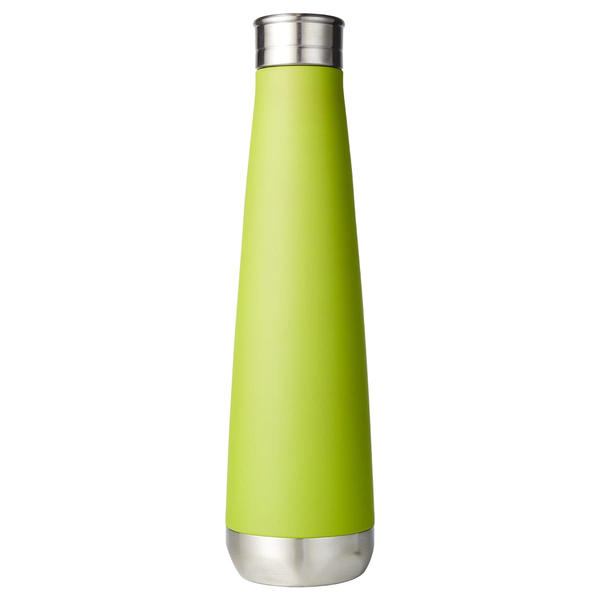 A drink bottle with a sleek design, featuring a vibrant green body and a stainless steel base. Includes a brand logo.