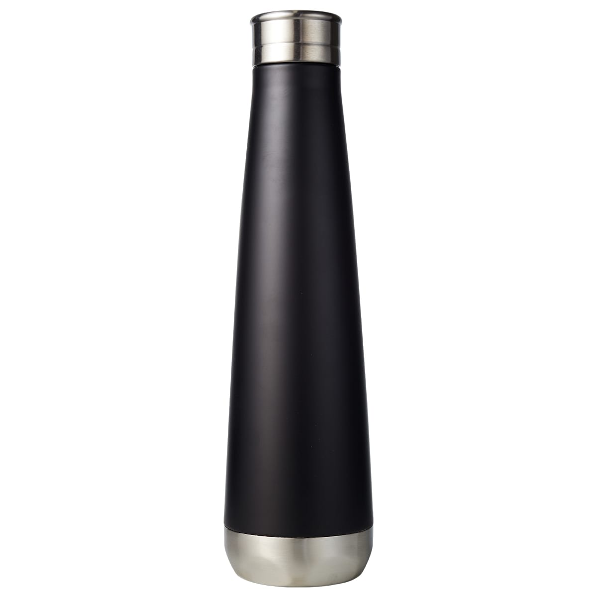 A drink bottle with a sleek black design, featuring a stainless steel base and a shiny top. It has a logo.