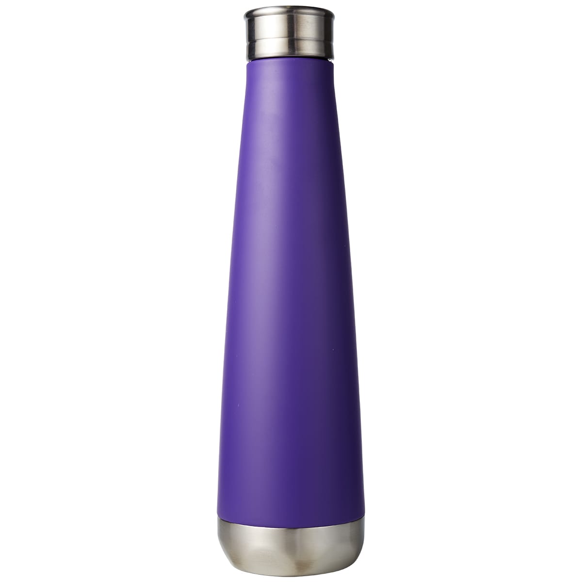 A drink bottle in a sleek, purple design with a stainless steel base and top. It features a logo on the side.