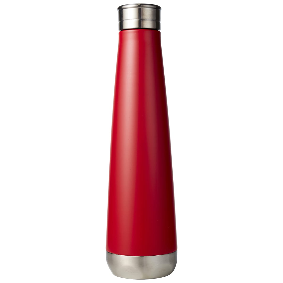 A drink bottle in a sleek red design with a stainless steel base, featuring a logo on its surface.