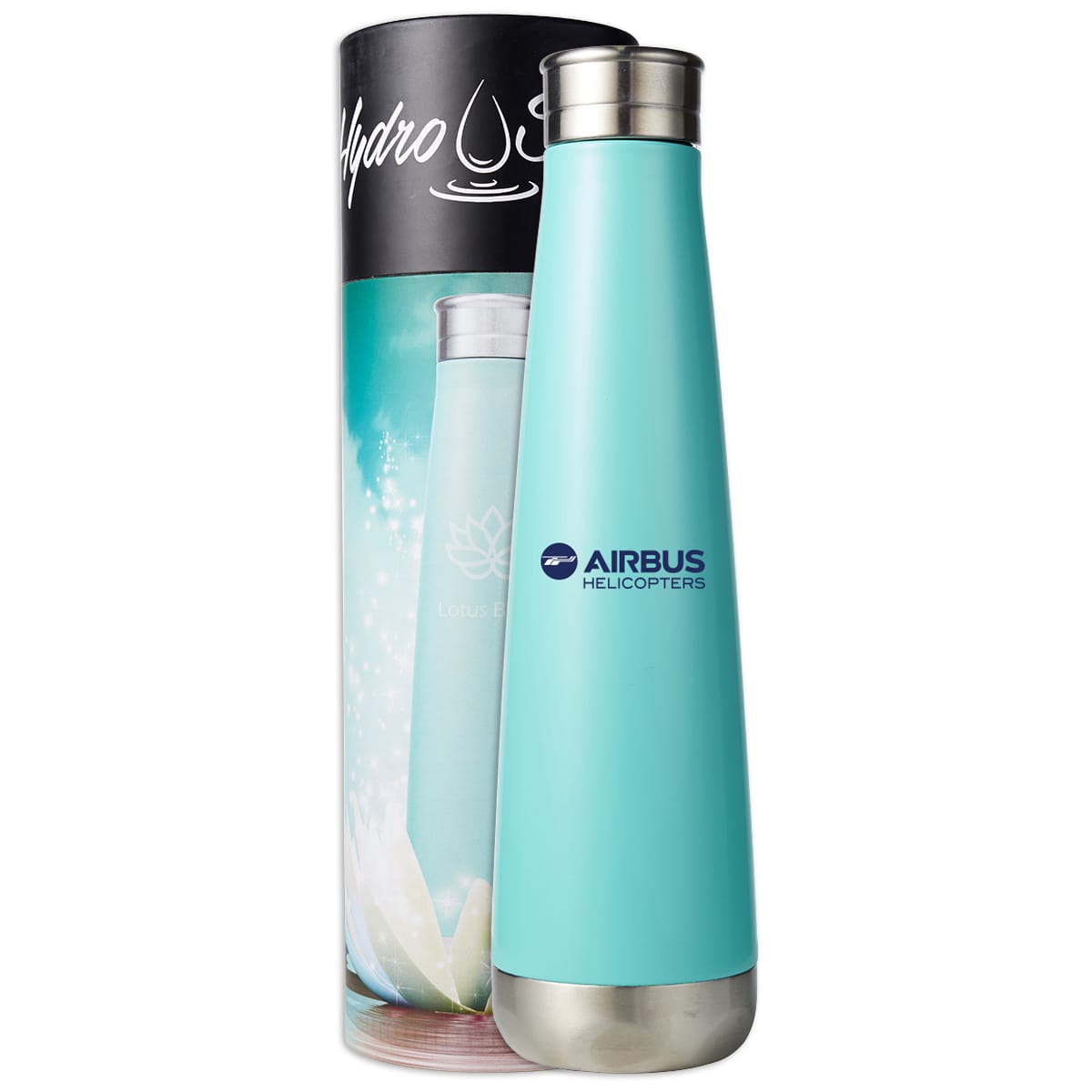 A drink bottle in teal with a stainless steel base, presented in a cylindrical packaging featuring a logo.