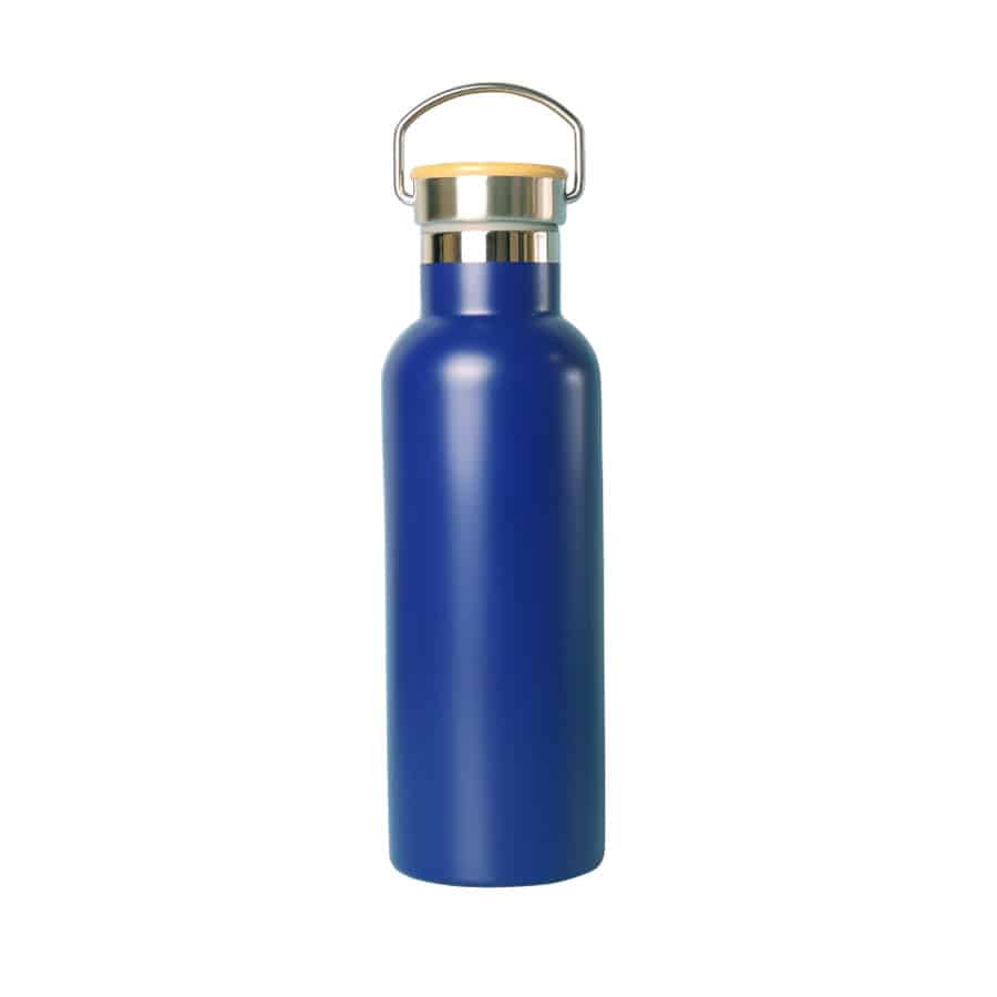 Blue stainless steel drink bottle with polished silver neck, bamboo lid and carry handle, isolated on a white background.