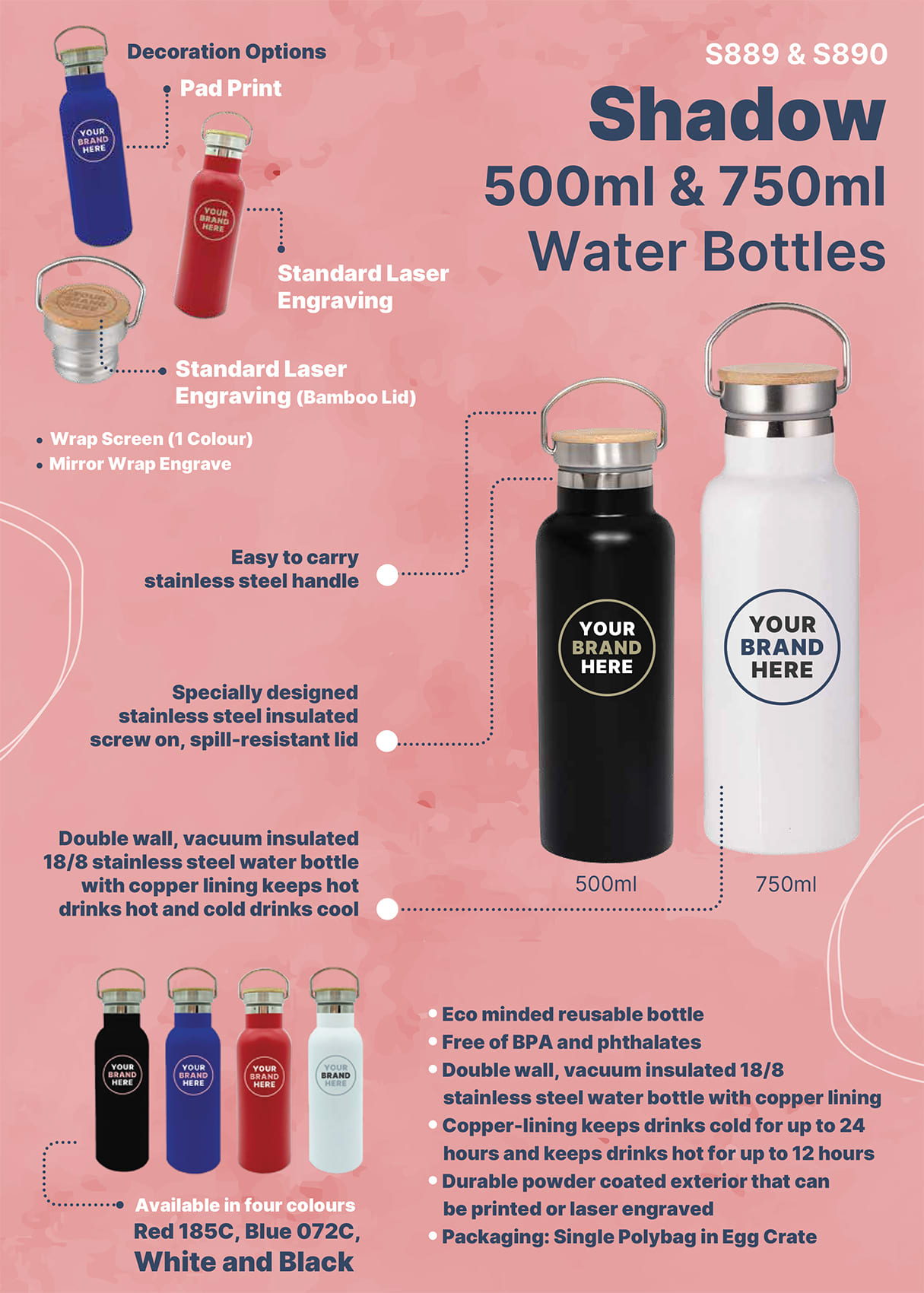 A drink bottle featuring a stainless steel design with a matte finish, available in white, black, red, and blue.
