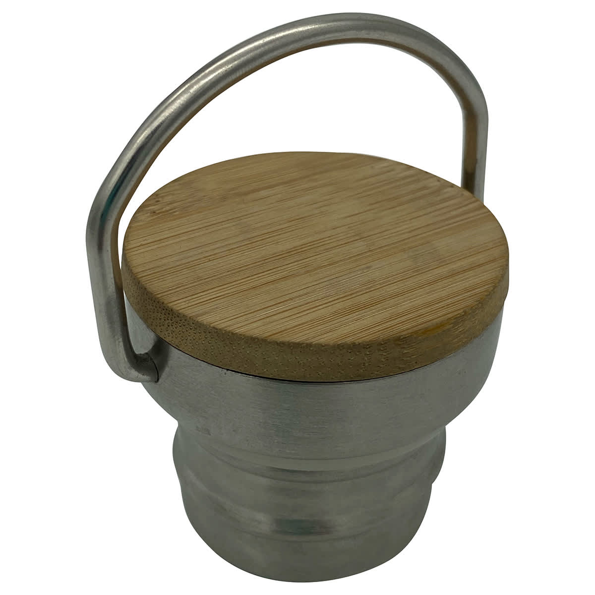 A drink bottle lid made of stainless steel with a bamboo top and a metal handle.
