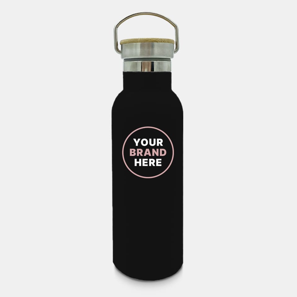 A drink bottle with a sleek black design, stainless steel lid, and a branding area. Suitable for 750ml capacity.
