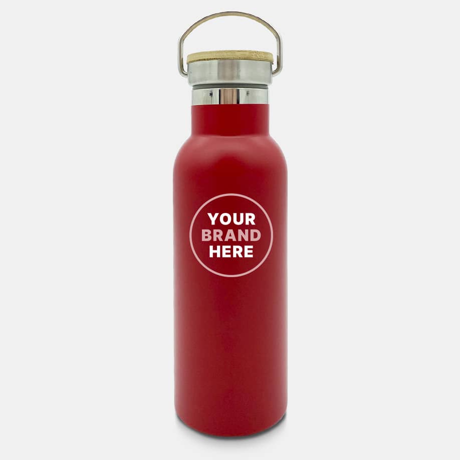 A drink bottle in red with a silver cap and a wooden carrying handle, featuring a logo on the body.