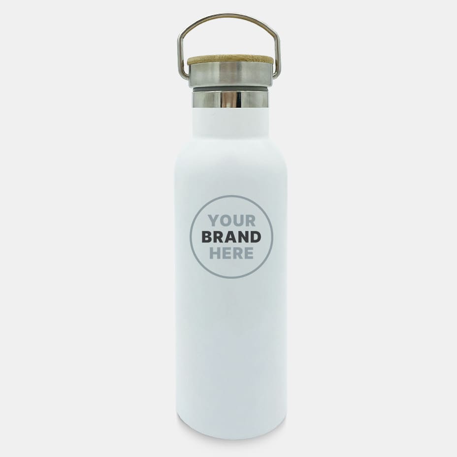 A drink bottle in white with a metal lid and a bamboo handle, featuring a logo placeholder.