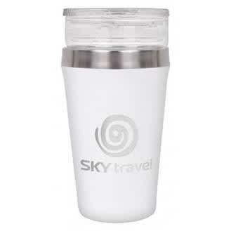 A drink bottle in white with a stainless steel lid and a logo. Ideal for hot or cold beverages.