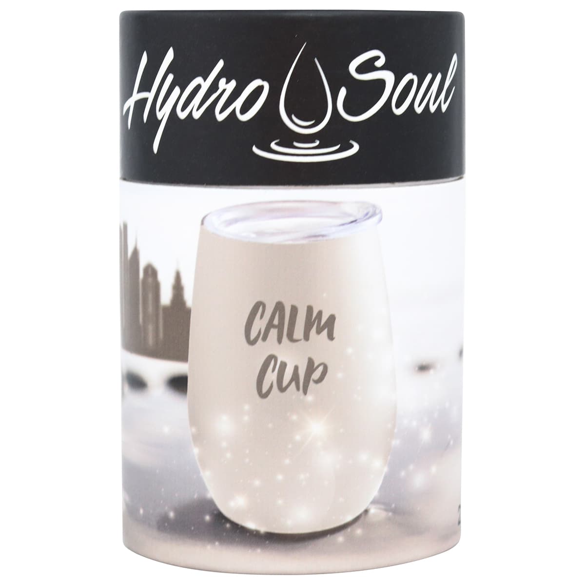 A drink bottle in a round container, featuring a white Calm Cup with a clear lid and a branding logo on top.