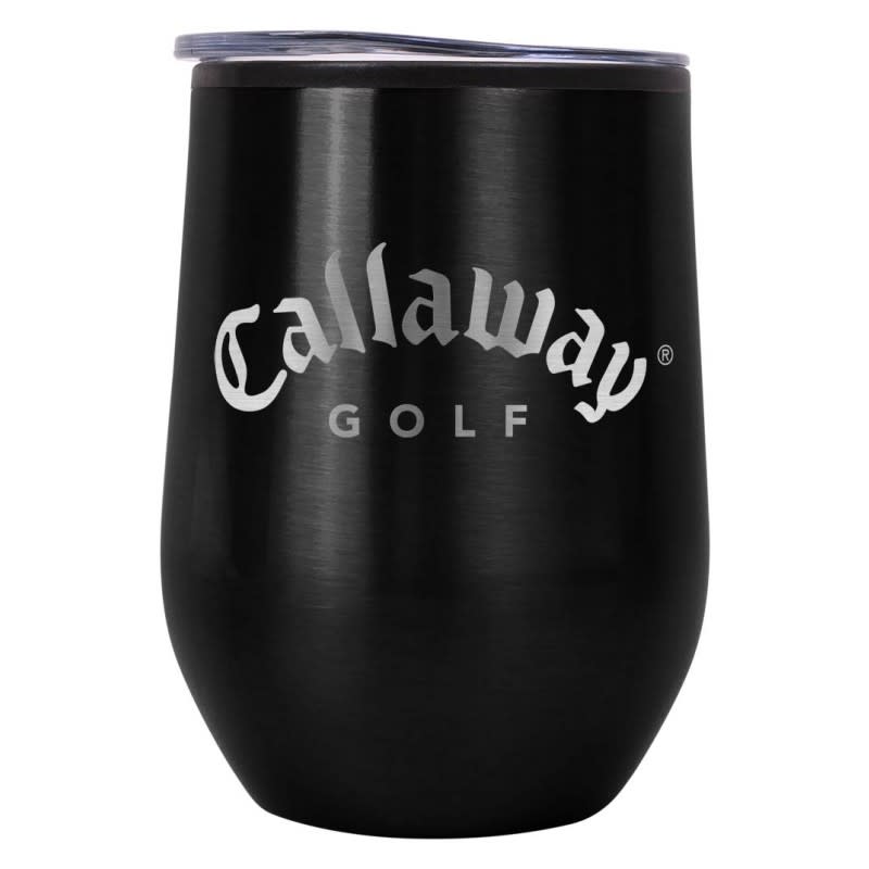 A drink bottle in a black finish with a lid and featuring a logo. Suitable for beverages, such as coffee or tea.