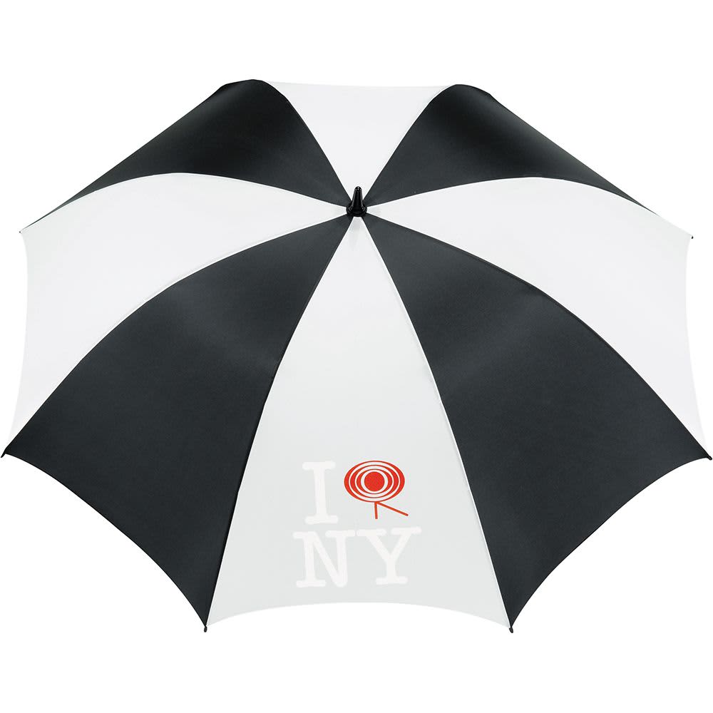 A close-up of a golf umbrella handle with a textured black grip and a sleek shaft. The umbrella has a logo on the handle.