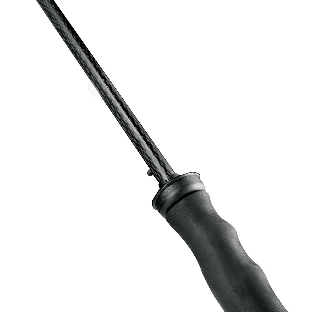 A red and white striped golf umbrella with a central black handle and a branding logo.
