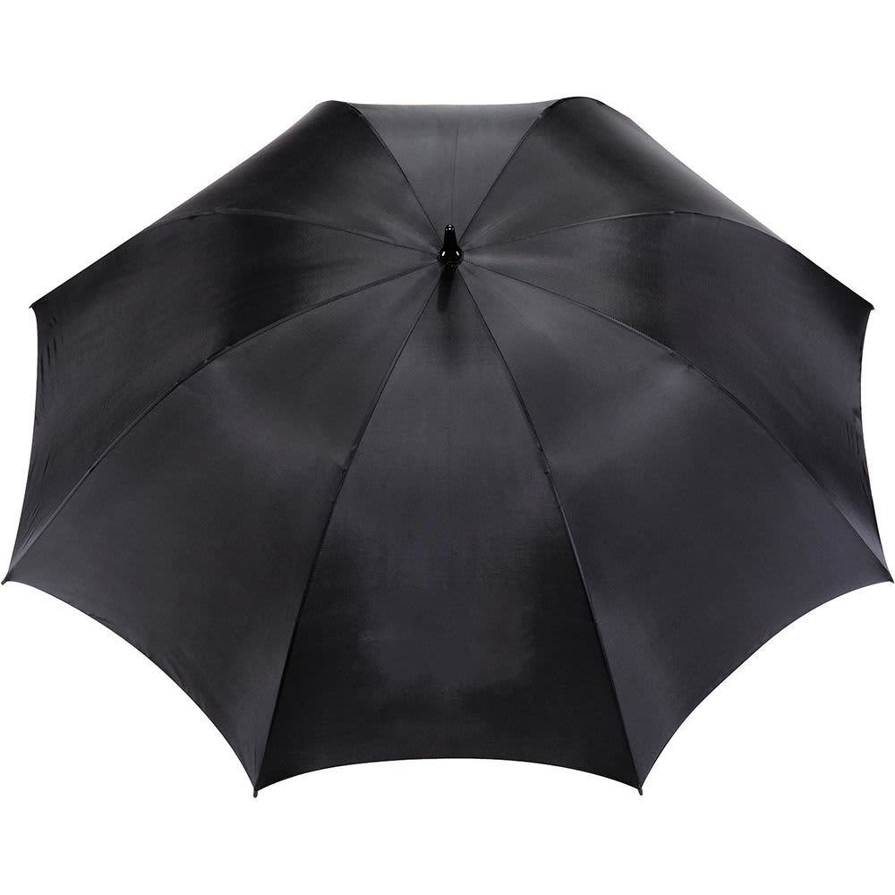 A golf umbrella featuring a navy blue and white striped design, with a sturdy construction and a brand logo.