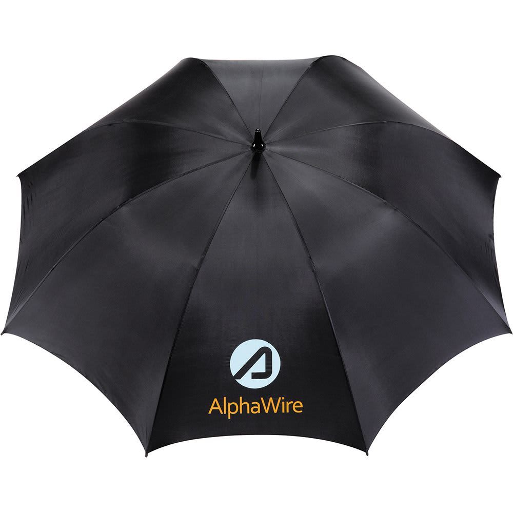 A navy blue golf umbrella with a smooth canopy and a central hub. It features a logo on the handle.