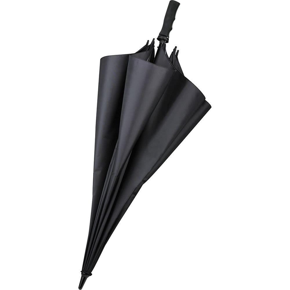 A black golf umbrella with a curved canopy and a logo printed on it.