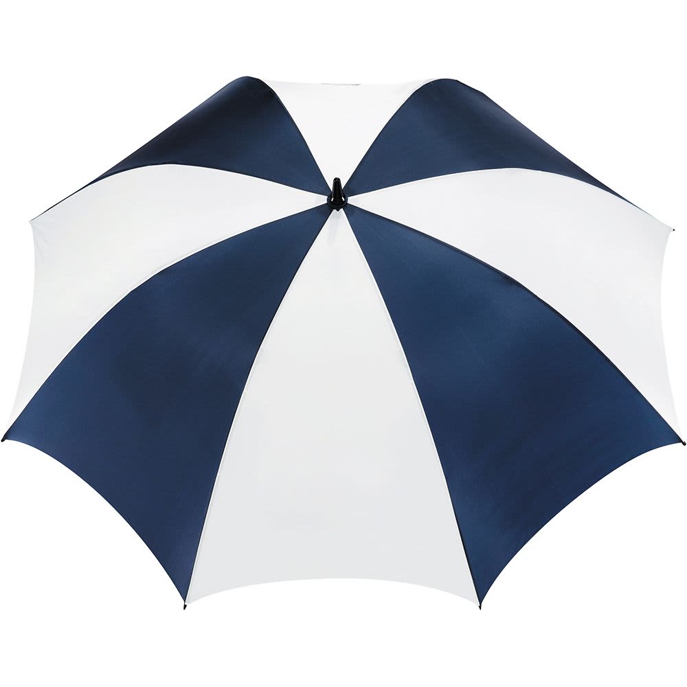 A blue and white promotional golf umbrella featuring various designs and a logo.