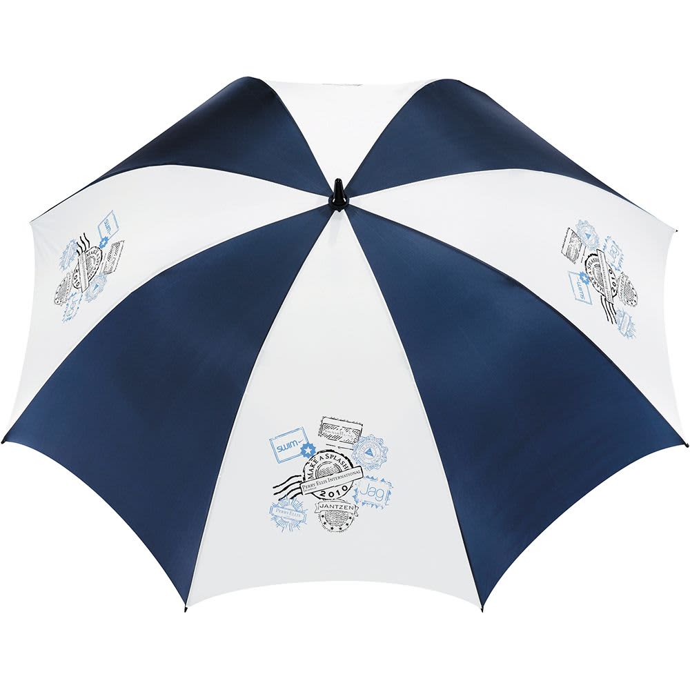 A red and white golf umbrella with a black handle and a logo. Perfect for protection against rain or sun.