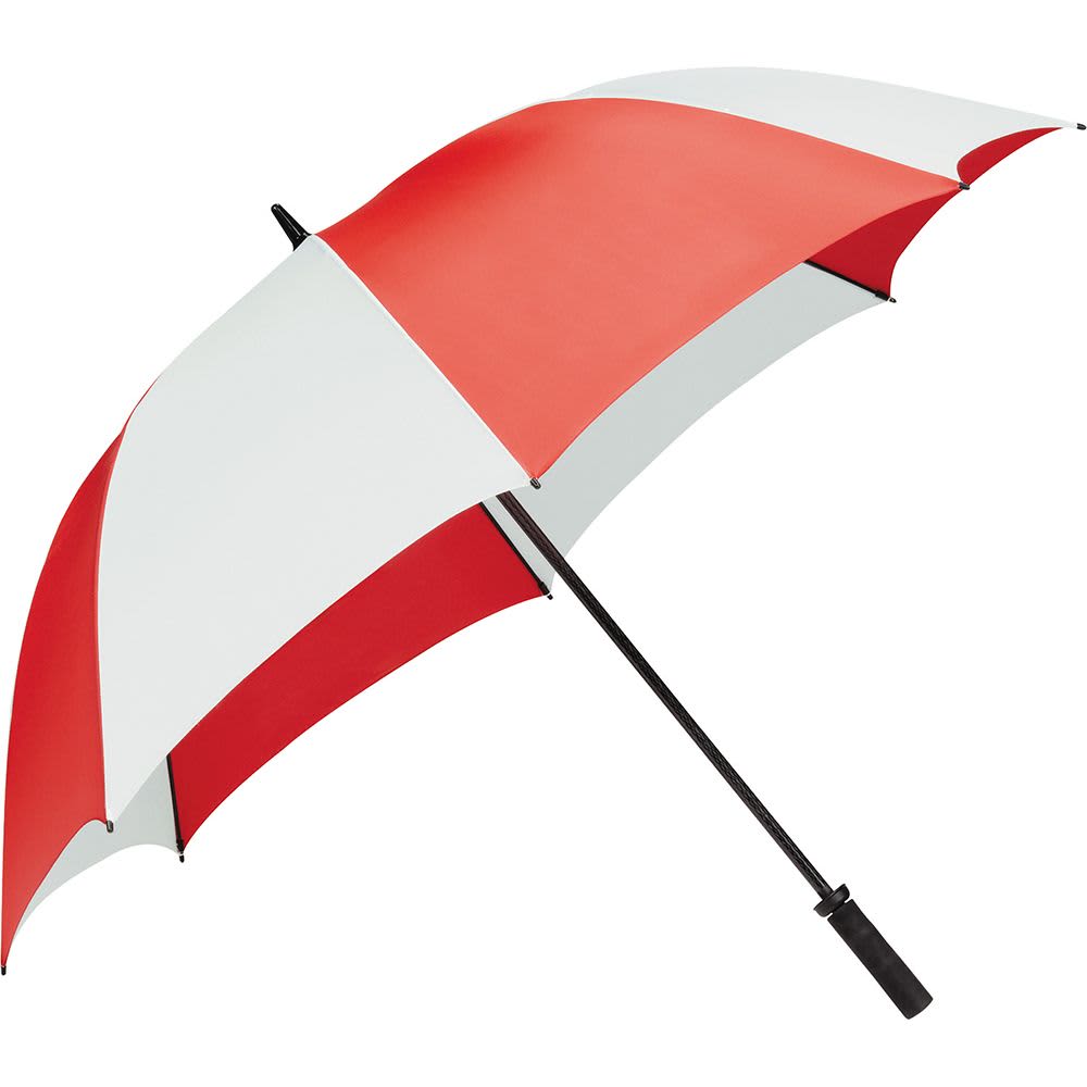 A blue and white golf umbrella with a large, spacious canopy and a central handle, featuring a logo.