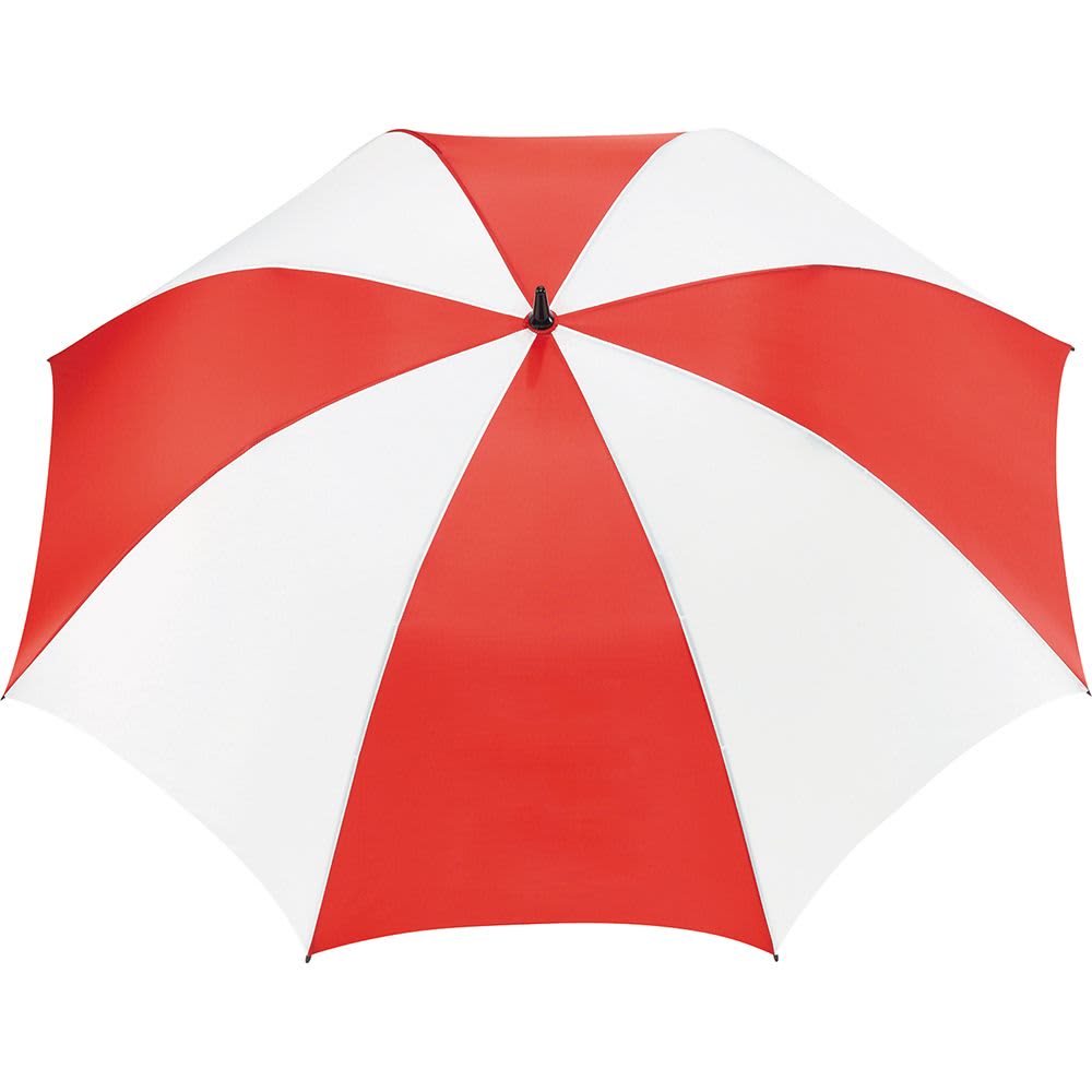 A golf umbrella featuring a black and white striped canopy design. It includes a logo on one side.