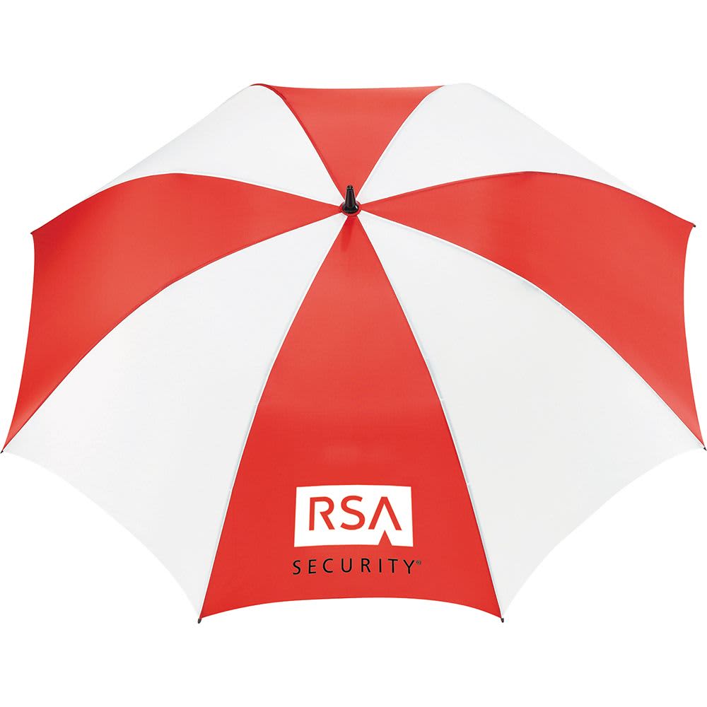 A red and white golf umbrella with a logo on it, featuring a curved handle and a wide canopy.