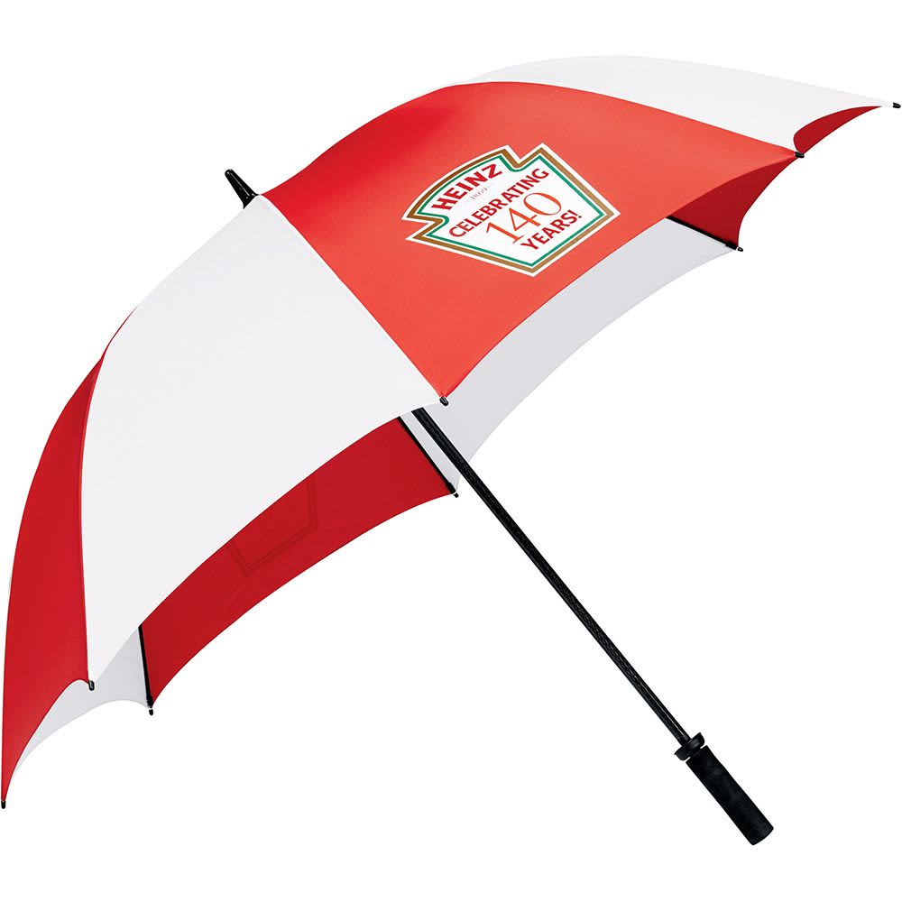 A golf umbrella featuring a blue and white design, with a sturdy handle and a logo.