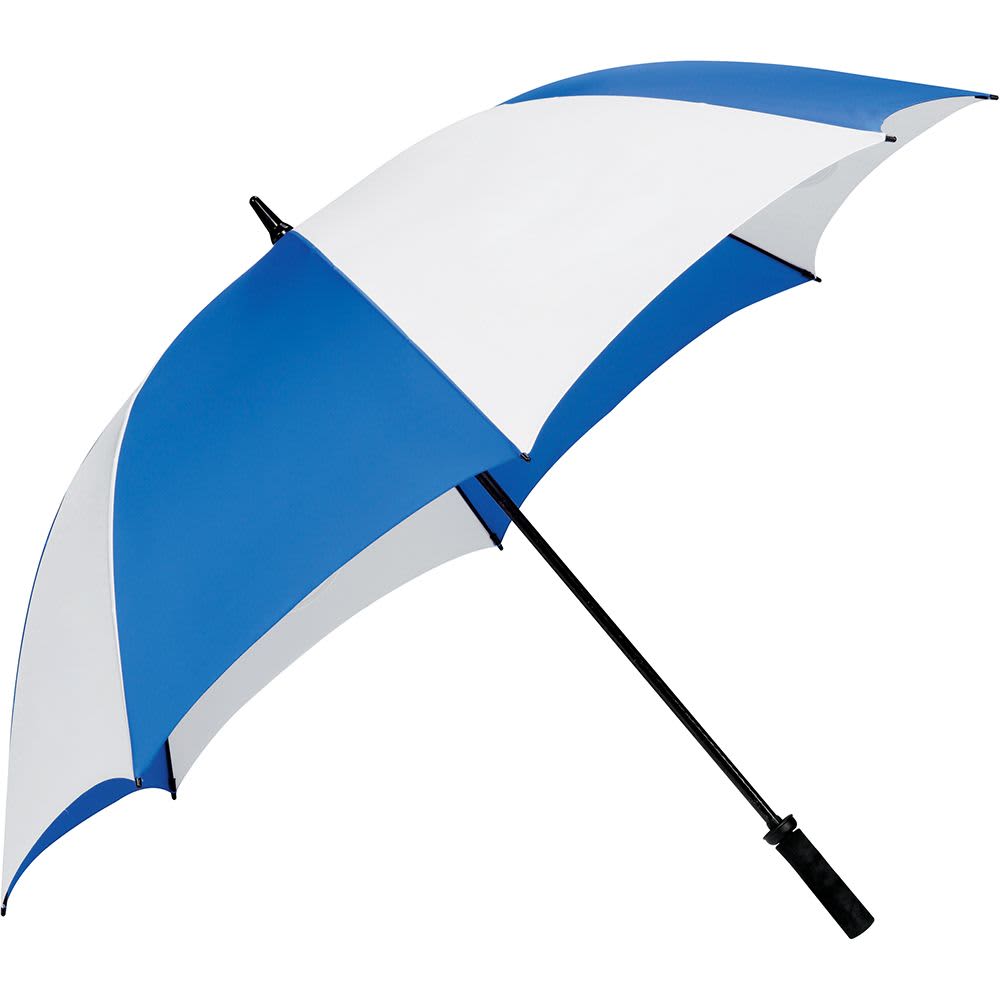 A large golf umbrella featuring a blue and white striped design and a logo on its panels.