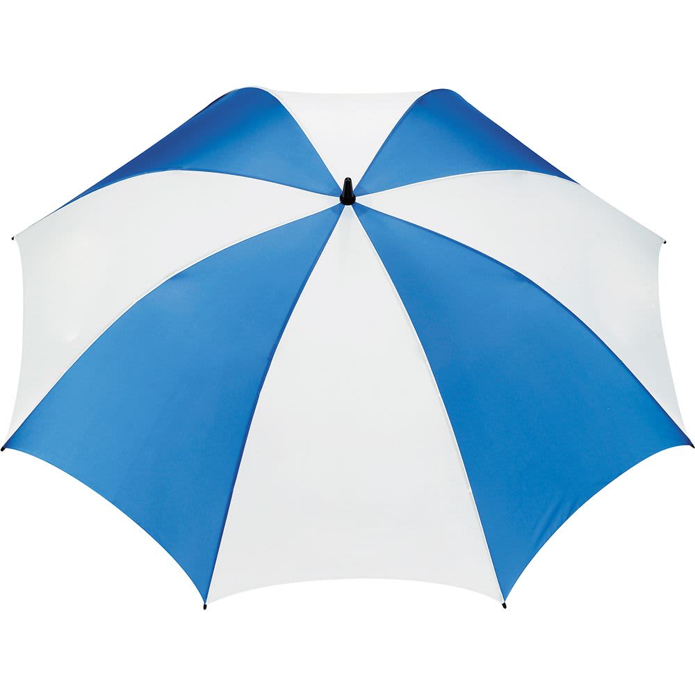 A black and white striped golf umbrella featuring a logo, with a spacious canopy for protection against the elements.
