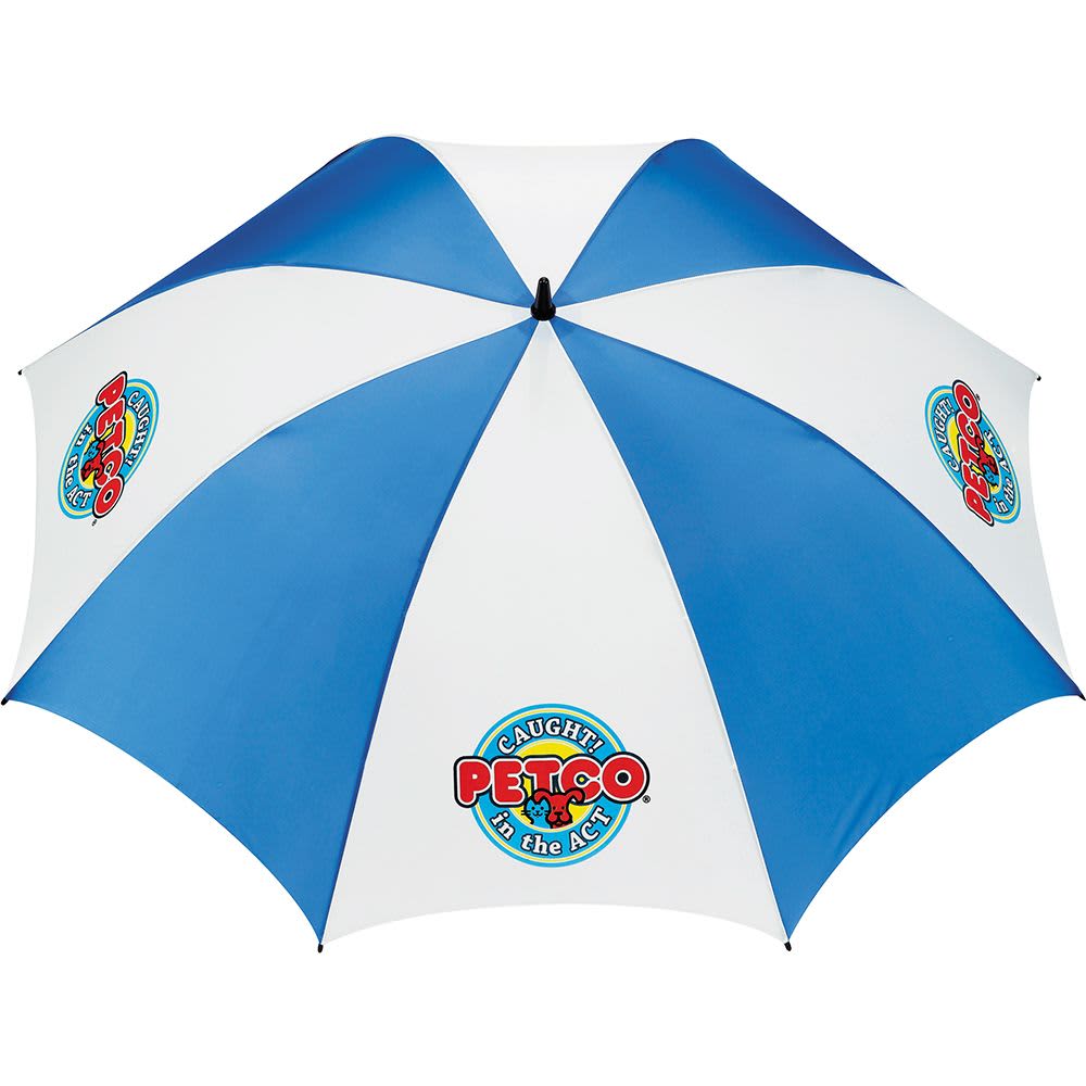 A large, blue and white golf umbrella with a logo, featuring a curved handle for easy grip.
